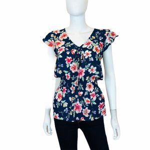 Bobeau Top Womens Size Extra Small Blue Floral Blouse V-Neck Ruffle Peplum